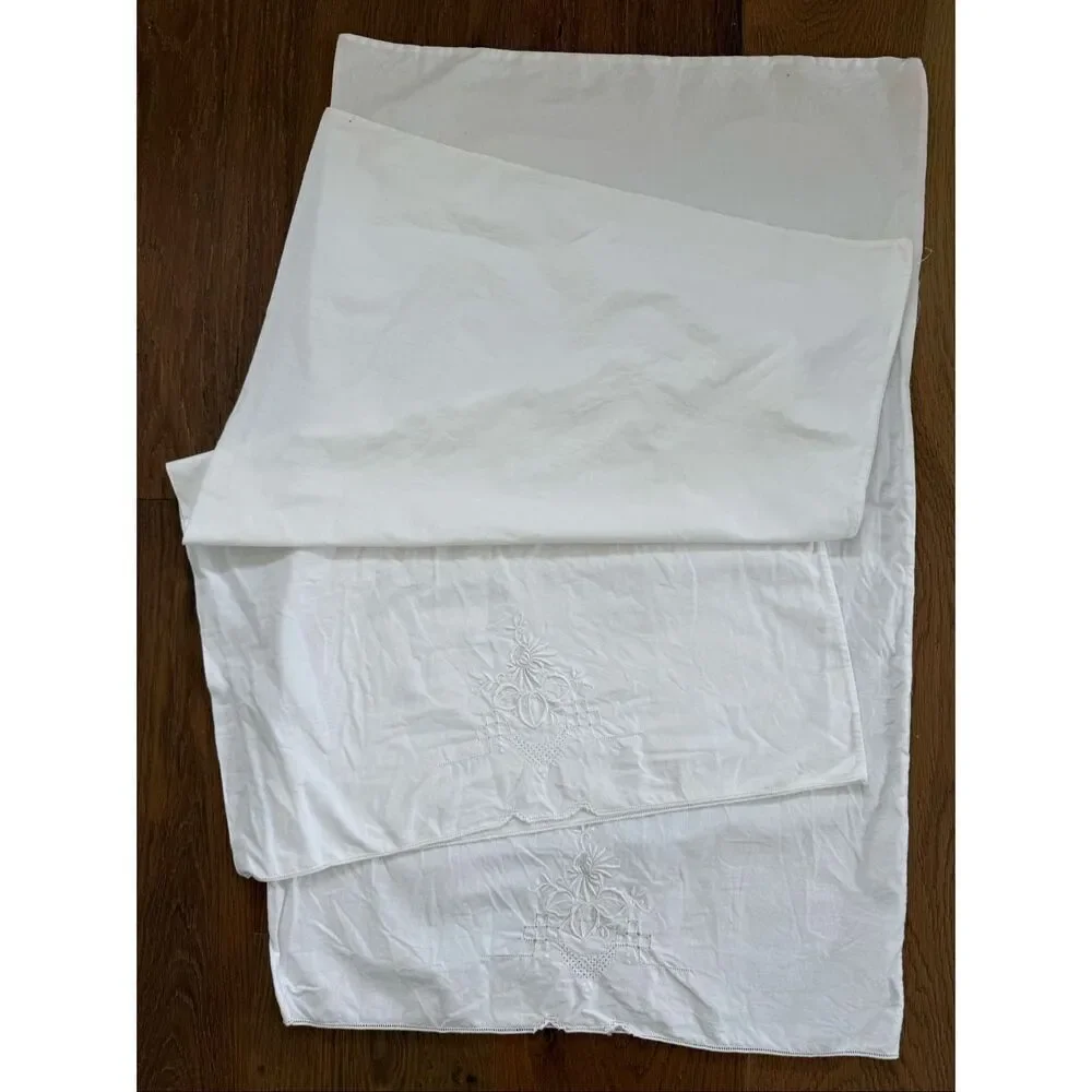 2 Vintage Queen Size Pillowcases Tonal Embroidered Floral Hemstitch Edge
